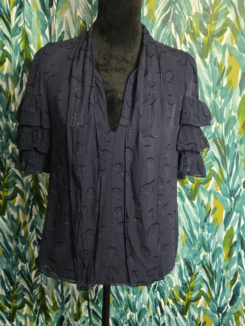 Rebecca Taylor Navy Chiffon Tiered Ruffle Sleeve Burnout Blouse